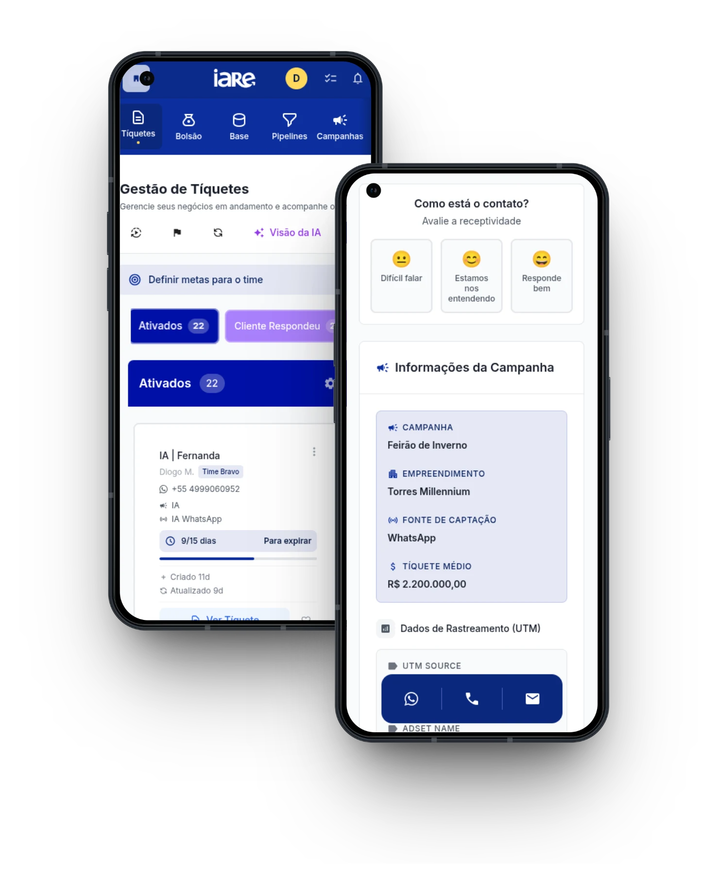 App do Parceiro iaRe no celular: gestão de tíquetes com leads ativados e detalhes da campanha com dados de rastreamento.