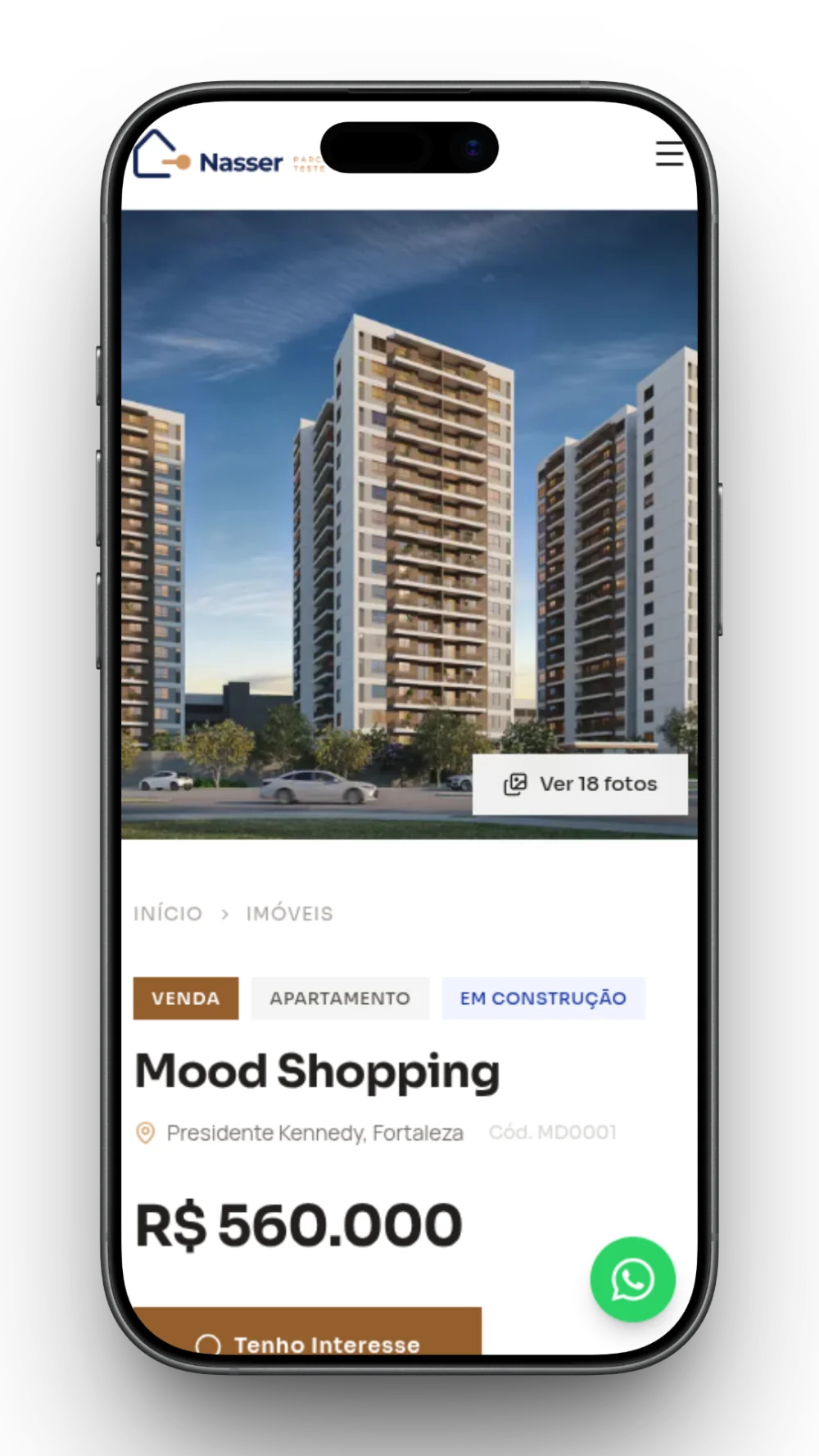 Ficha de um empreendimento no site aberto no celular, com galeria de fotos, preço e botão de contato.